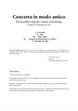 Carson Cooman - Concerto in modo antico (2011) for recorder (soprano or tenor) and strings, full score, solo part, and orchestral parts